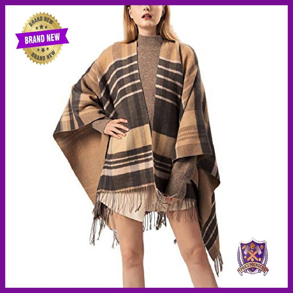 Oversized Winter Poncho Cape Shawl Wrap Cardigan Coat Tassel Hem - Picture 4 of 8